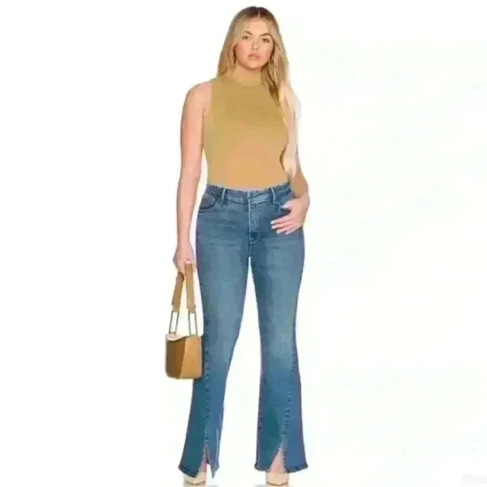 GOOD American Good Legs Flare Twisted Slit High Rise Jeans 10/30